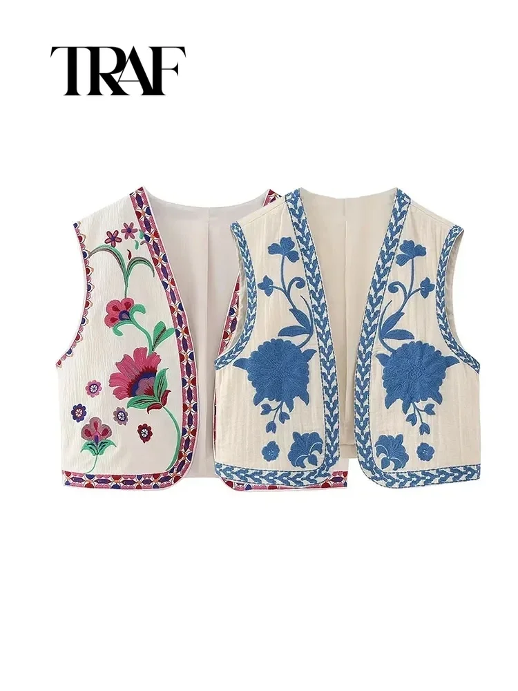  TRAF Women Fashion Floral Embroidery Waistcoat Vintage Sleeveless Front Open Female Outerwear Chic Vest Tops