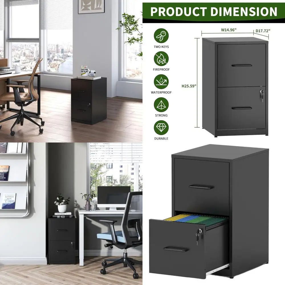 

Черный стальной шкаф для документов с 2 выдвижными ящиками и замком для домашнего офиса, вертикальное хранение документов формата Letter