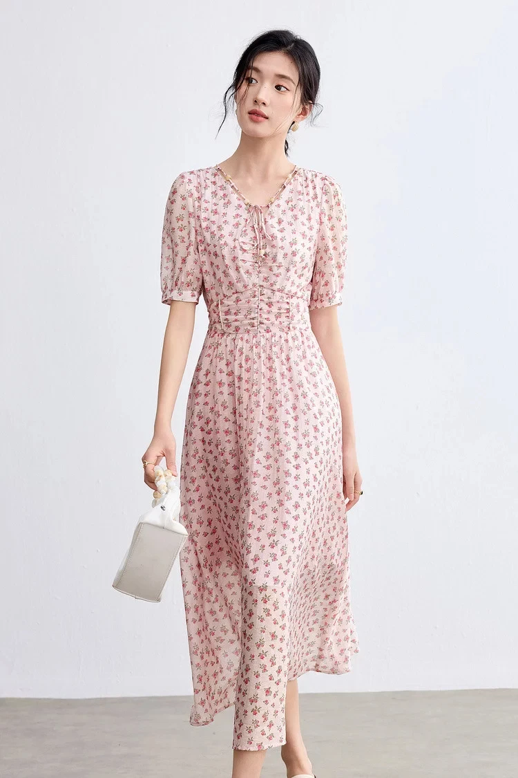SENTUBILA Elegantes Blumen-Sommerkleid für Damen 2026, lässiges Kleid mit V-Ausschnitt, plissiertem Rock, kurzen Puffärmeln und schmaler A-Linie 162LO6257X – Detail 6