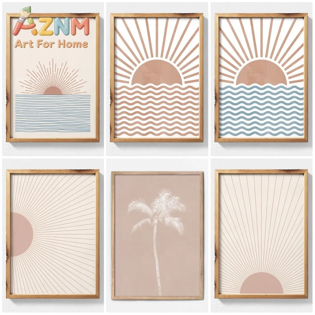 Boho Decor Sunburst Printable Wall Art Abstract Sun Mid Century Palm Tree Poster Geometric Sunrise Horizon Canvas Painting