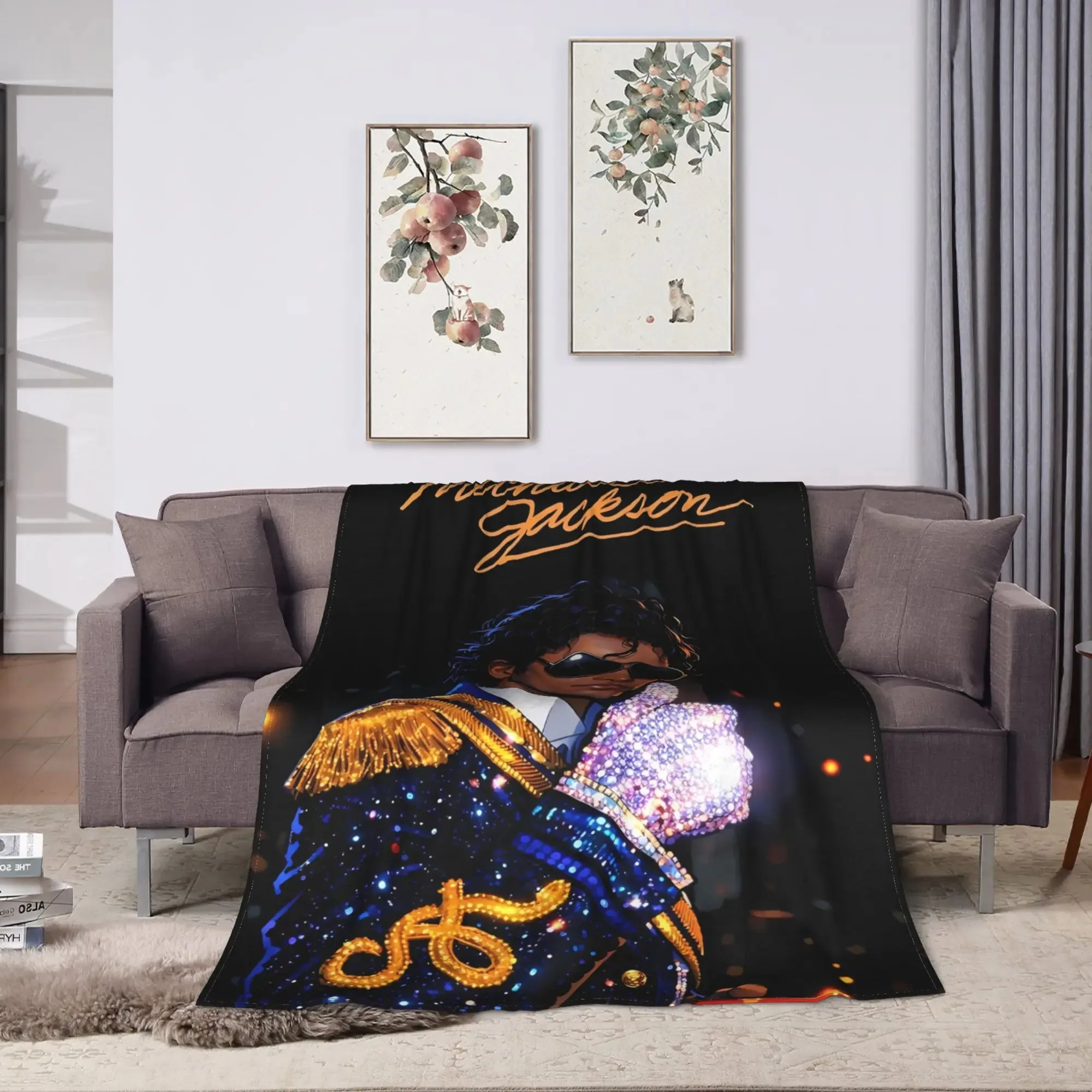 Michael Jackson Pop Star Portrait Print Throw Blanket, Sparkly Rhinestone Glove Golden Signature Black Background Soft Flannel C