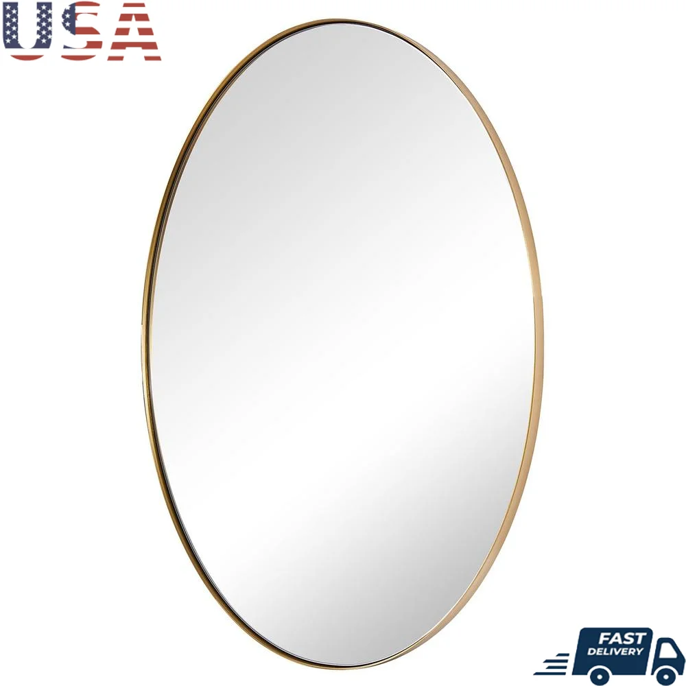 Gold Oval Bathroom Mirror Brushed Stainless Steel Frame 24x36’’ Hd Glass Vanity Mirror Anti-Corrosion Backboard Living Room