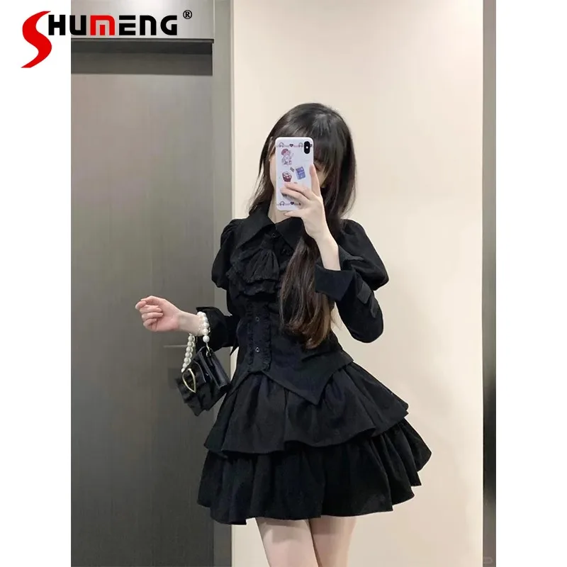 Japanese Subculture Gothic Halloween Lapel Long Sleeve High Waist Slim Fit Black Sweet Cool Girl Lolita Short Dress Women Autumn