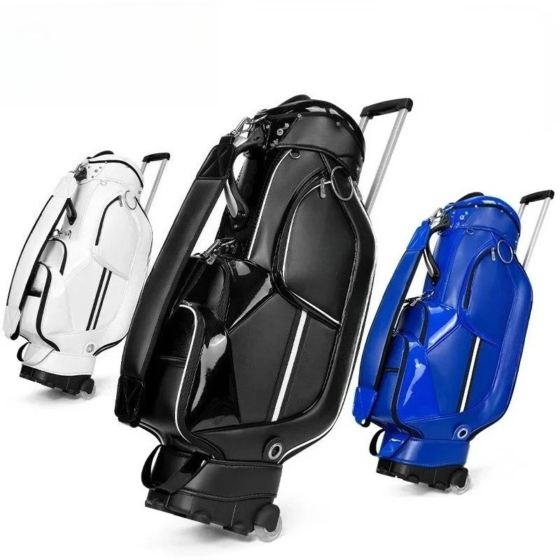 

Waterproof Glossy PU Golf Wheeled Cart Bag, 4-Way Divider Large Capacity Golf Club Bag, Stylish Striped Pull-Along Trolley Bag