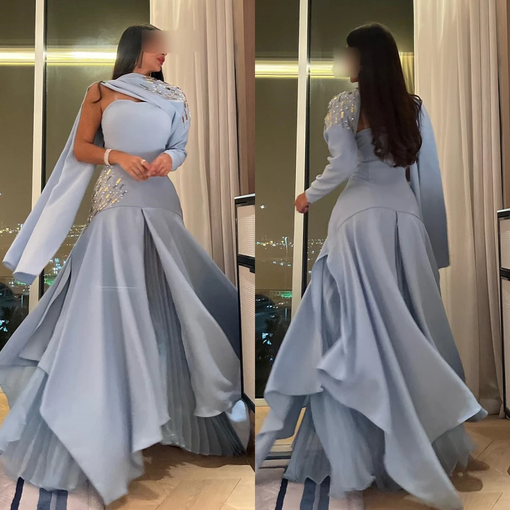 Jiayigong  Satin Beading Draped Party A-line One-shoulder Bespoke Occasion Gown Long Sleeve Dresses