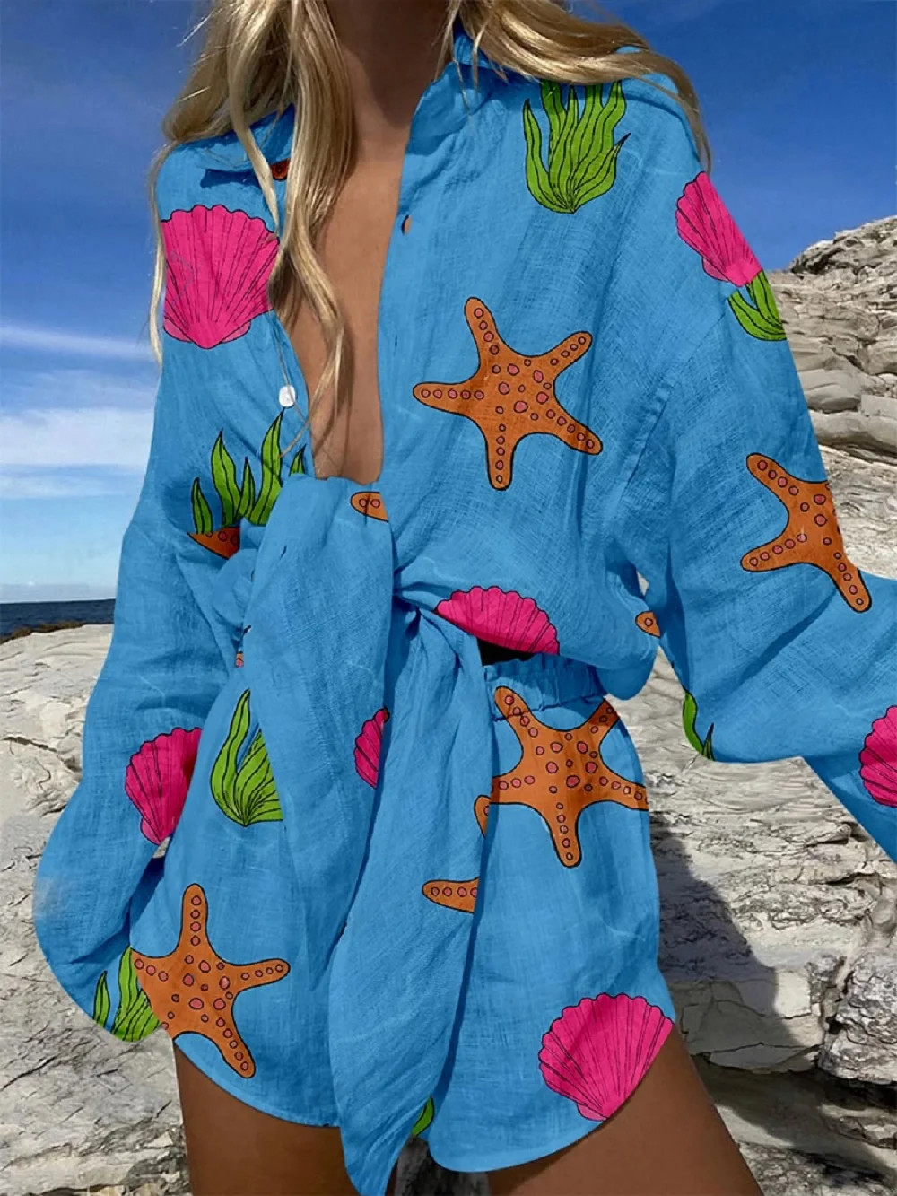 

2025 Fashion Printed Women's Shirts Sets Spring And Summer Long Sleeve Shirts +Shorts 2 Pieces Outfits Female Casual Clothes