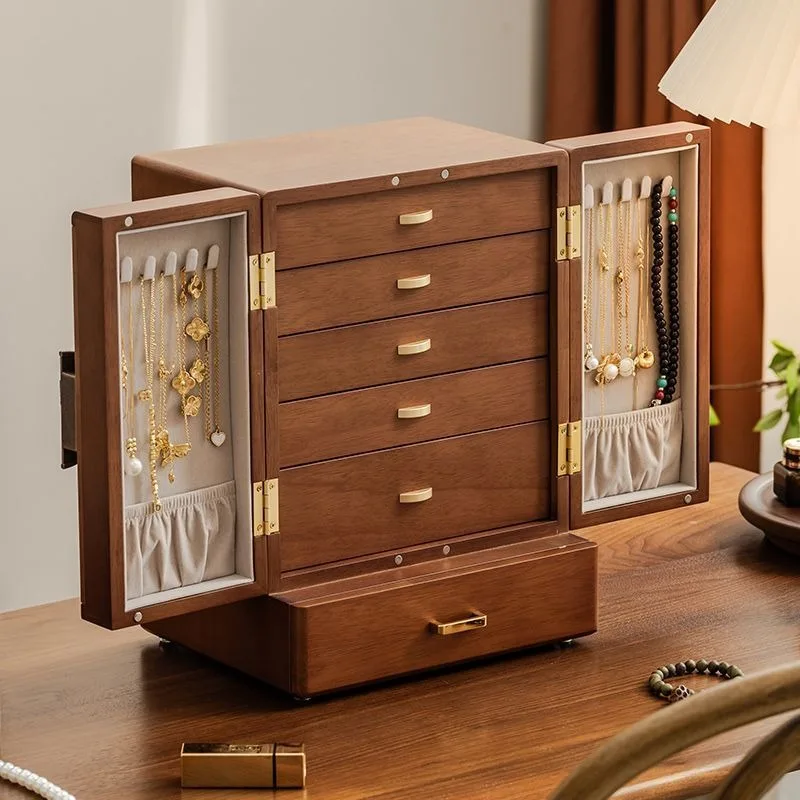 Solid Wood Jewelry Storage Box Large Capacity Necklace Ring Box Open Door Earring Bracelet Storage Case Desktop Jewelry Boxes