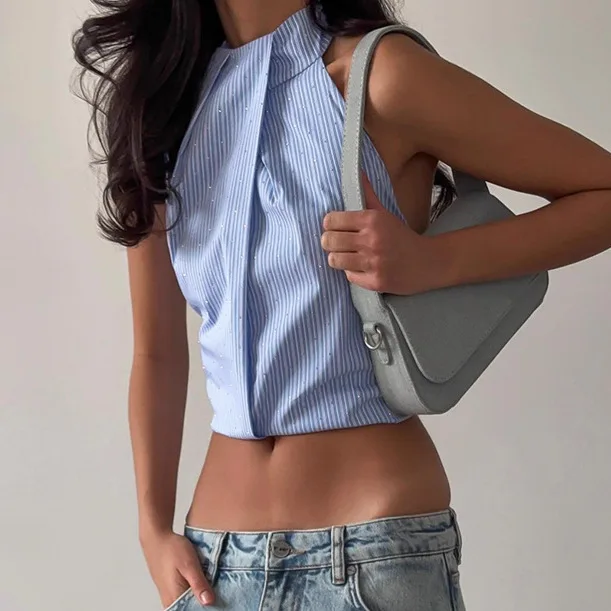 

European And American Hot Girl Style Short Jacquard Halter Neck Backless Striped Camisole, 2026 New Summer American-Style