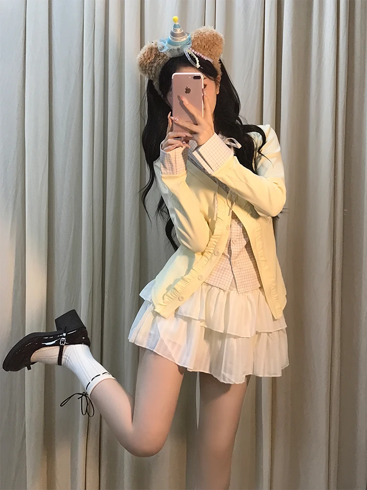 Doux Preppy Sle femmes deux pièces ensemble jupe longue Sve Polyester tissu automne Collection gâteau f jupe faux deux pièces haut