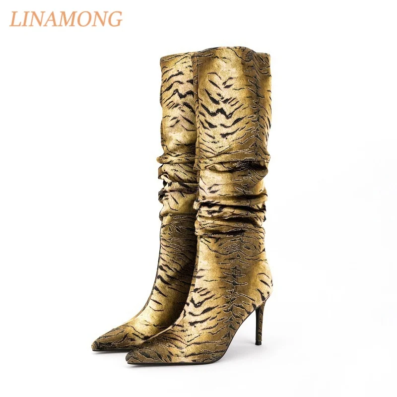 Women Ruched Knee High Boots Tiger Striped Pattern Pointed Toe Thin Heels Soft Fabric Upper Chic Evening Club Street Footwear