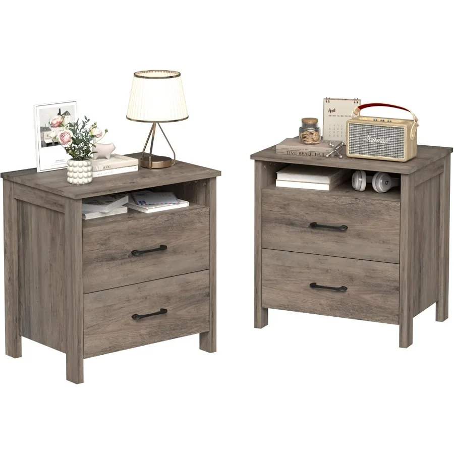 Farmhouse Nightstand Set of 2 Rustic Nightstand with 2 Drawers Wood End Table with Open Shelf Side Table for Bedroom Light Brow
