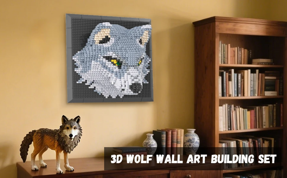 3D-Wandkunst-Set 'Wolf' aus Mikro-Mini-Bausteinen für Erwachsene, Einzigartige Wanddekoration oder Tischdisplay, Geburtstagsgeschenke – Detail 1