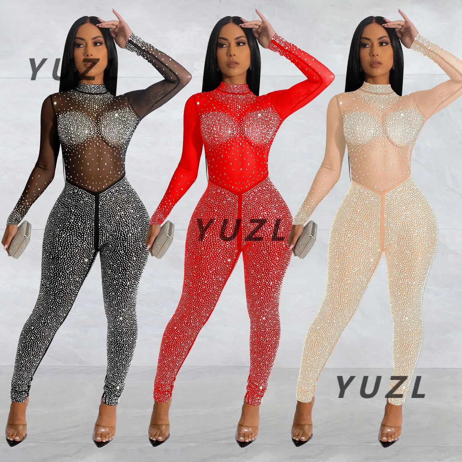 

C63 Европейская и американская модная женская одежда, однотонные сетчатые брюки с длинными рукавами и яркими бриллиантами, комбинезон, новинка 2023 г.