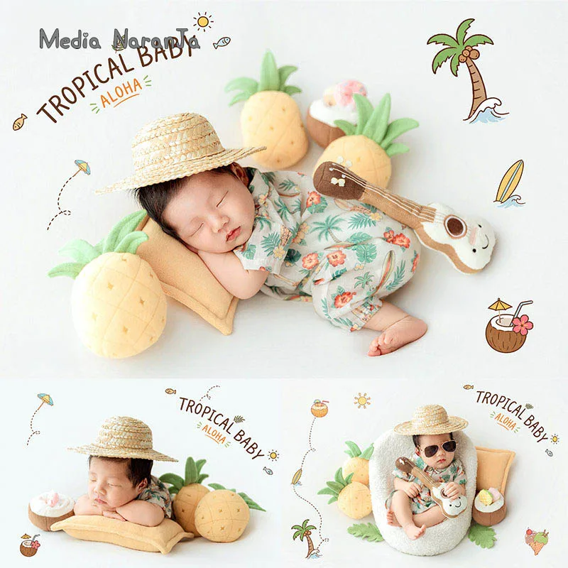 newborn-photography-props-tropical-island-vacation-romper-straw-hat-set-baby-boy-girl-palm-tree-leaf-hawaiian-photoshoot-outfit