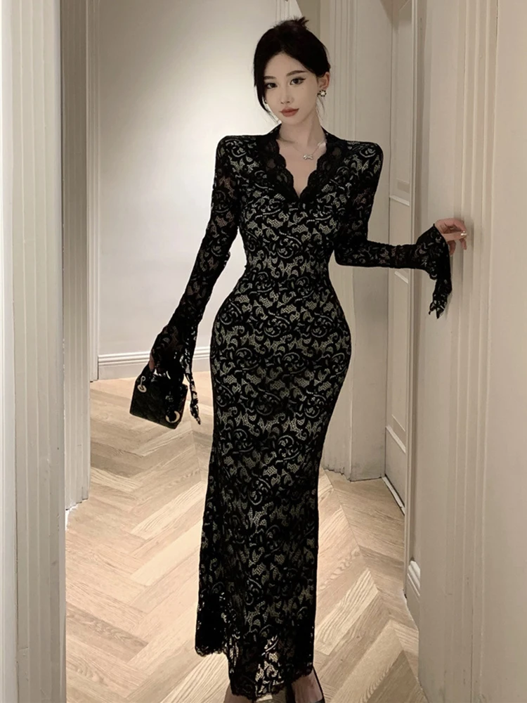 New Fashion Spring Ladies Black Lace Evening Long Dresses Women Sheer Sexy V-Neck Slim Party Prom Maxi Dress Robe Femme Vestidos