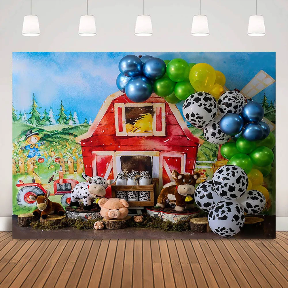 Farm Red Warehouse Backdrop for Birthday Cake Smash Newborn Animals Kids Portrait Photography Background Balloons Photocall Prop