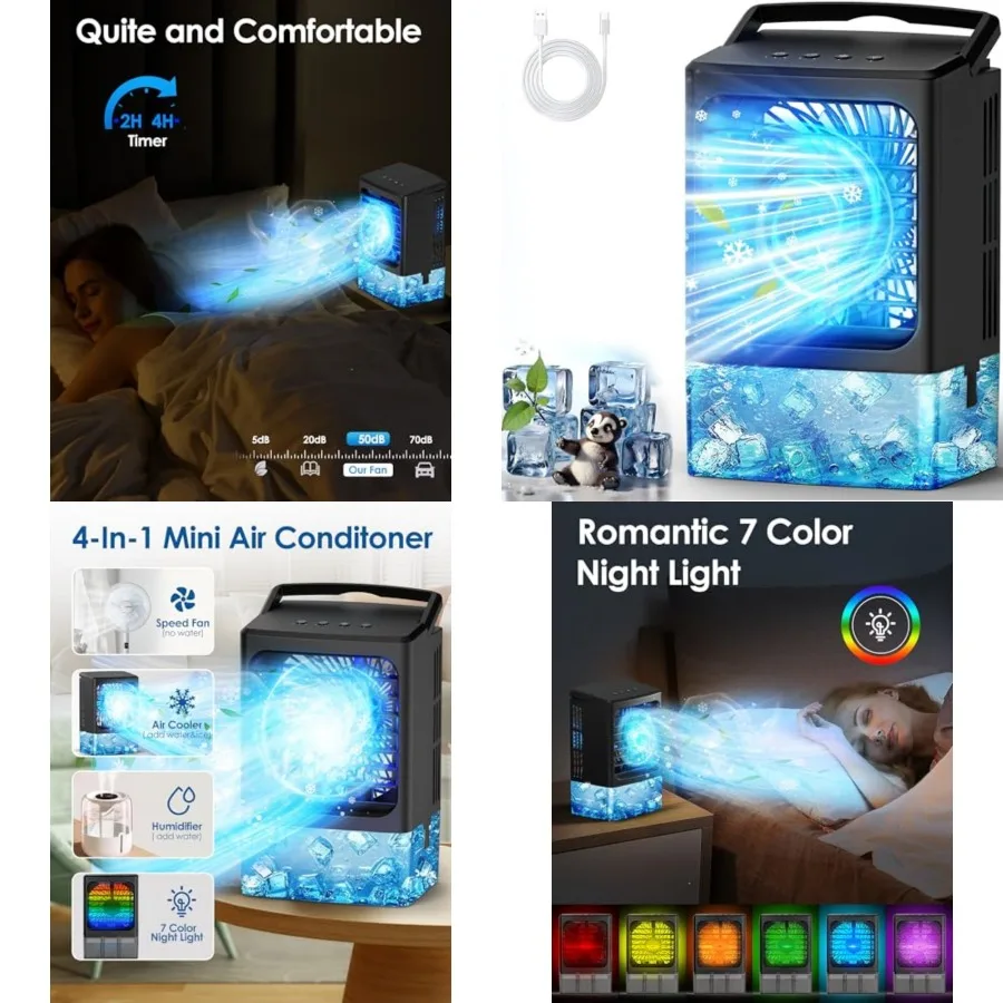 

Mini Air Conditioner, Portable Air Conditioners, Evaporative Air Cooler Humidifier, 3 Speed Quiet Personal Cooling Fan, 7-Color