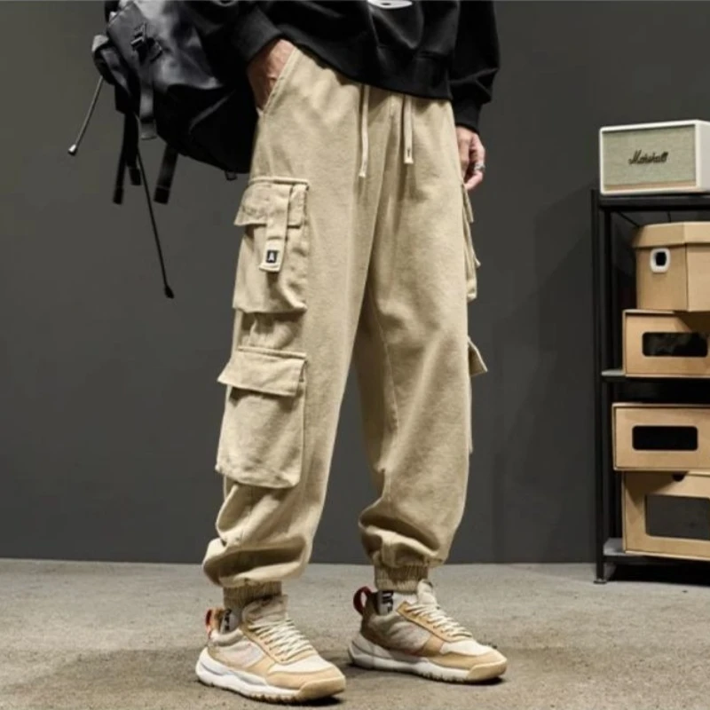 สีกากีกางเกงชาย BIKER ต่ําราคาไนลอนหลวม Harajuku คุณภาพสูง Emo ผ้าฝ้ายแฟชั่น Long Street Designer Men's Cargo กางเกง