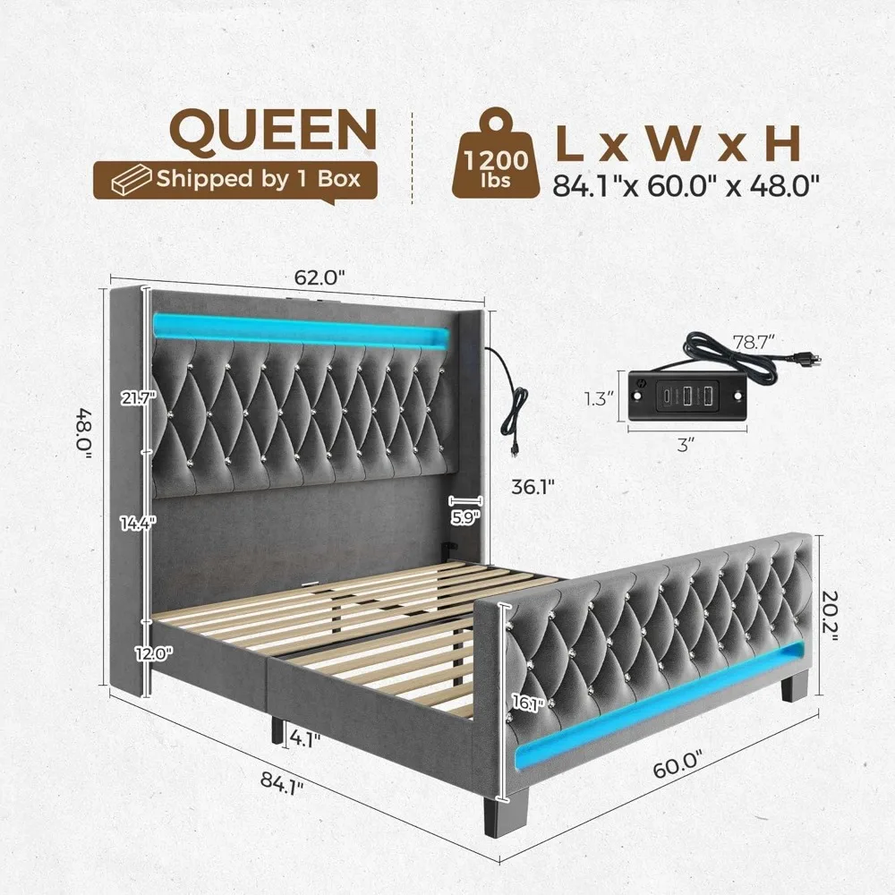 Estructura de cama king size con luz LED y estación de carga, cabecero y pie de cama alta tapizados, listones de madera, sin ruido