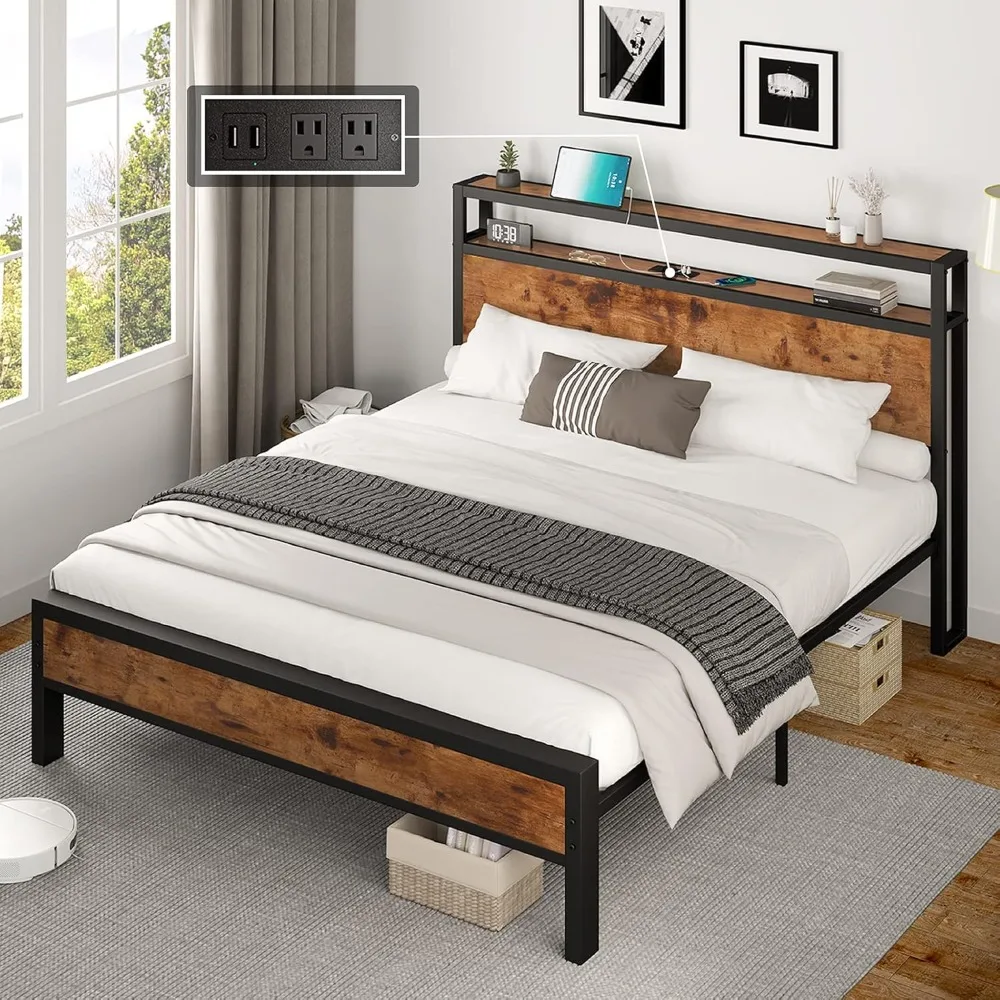 

AMERLIFE Queen Size Bed Frame Industrial Platform Bed with Charging Station, 2-Tier Storage Headboard/No Box Spring Needed/Noise