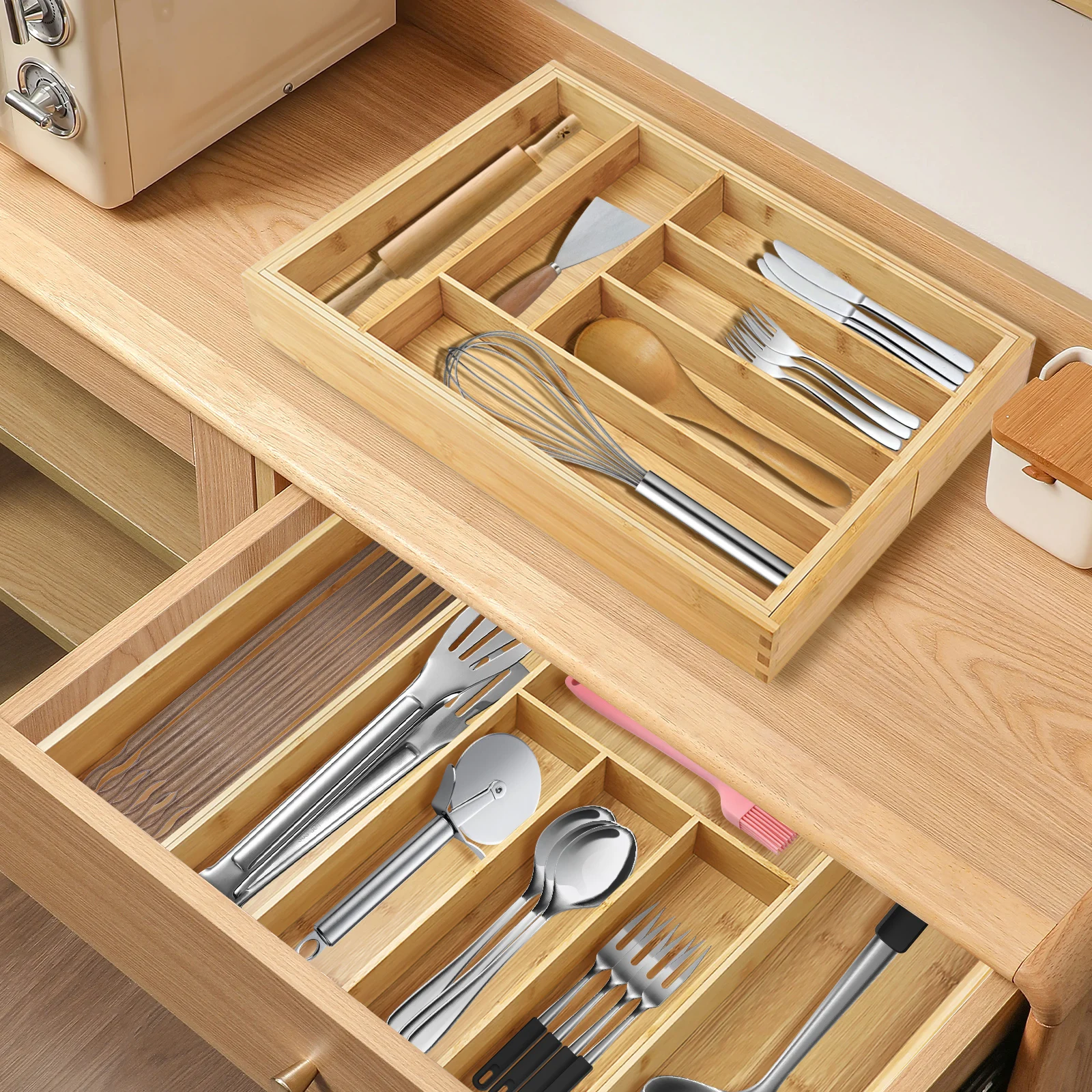 Bambus-Besteckkasten, erweiterbar von 32 x 43 cm auf 52 x 43 cm, 5 cm Tiefe, 6 bis 8 separate Fächer für Küche, Schlafzimmer, Büro – Detail 2