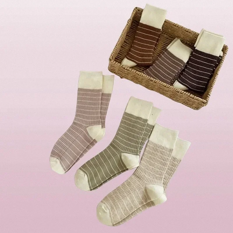 Chaussettes mi-longues à rayures confortables pour enfants, style collège, polyvalent, décontracté, mignon, automne, hiver, 3/6 paires