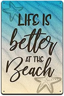 Tin Signs for Beach House Patio Décor - Aluminum Metal Sign for Pool, Lake or Ocean Beach 12 x 8 in. Weather Resistant (Life is