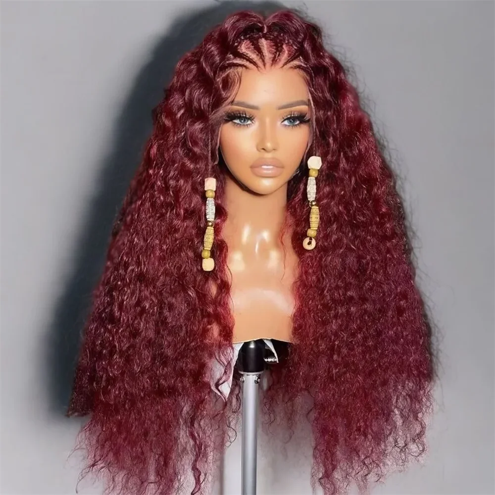 

Soft 26Inch Long Wine red Kinky Curly Lace Front Wig For Women With Baby Hair Synthetic Preplucked Glueless Daily