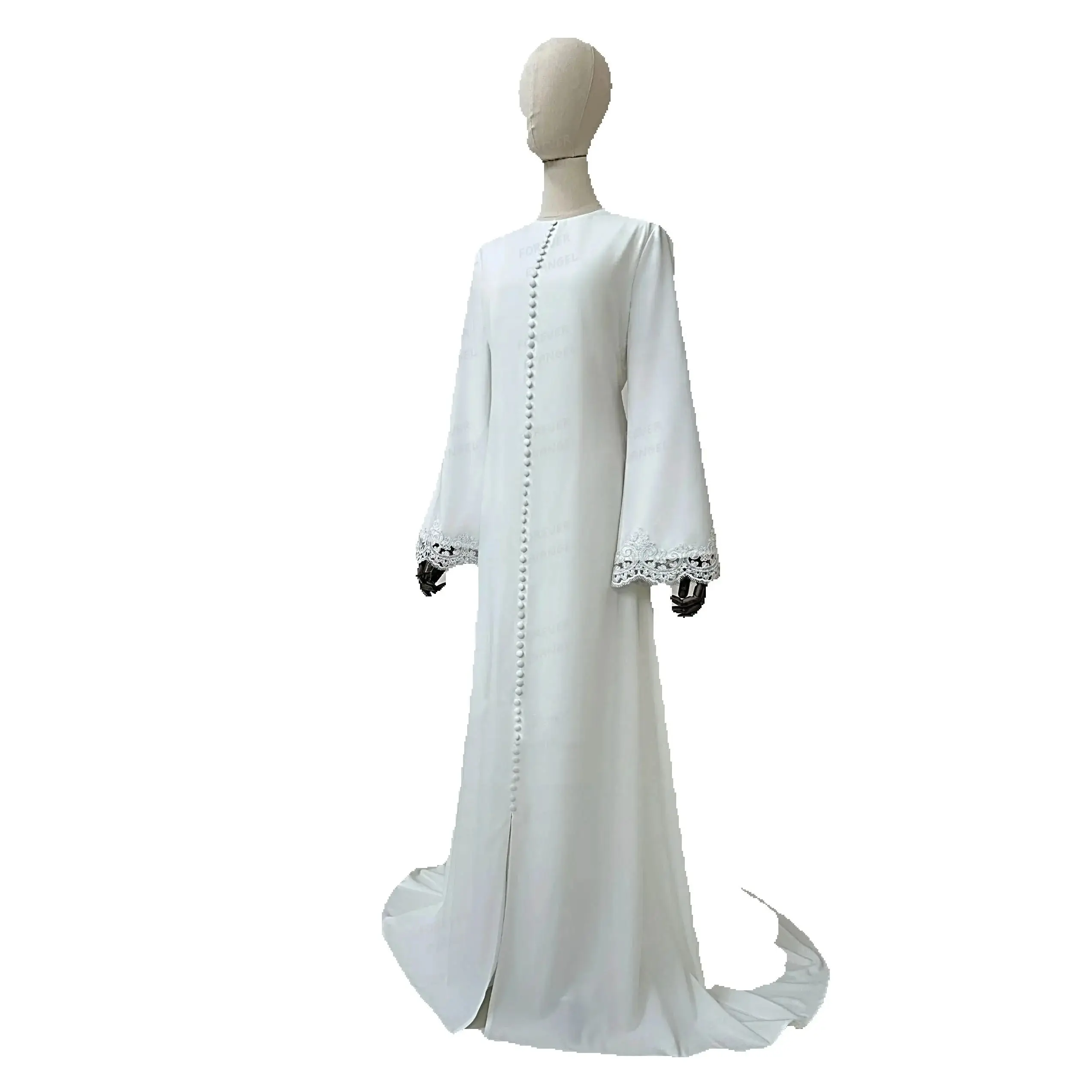 Eenvoudige elegante trouwjurken A-lijn vrouw formeel kant lange mouwen bruidjurken knop sweep trein aangepaste vestido de novia - afbeelding 2