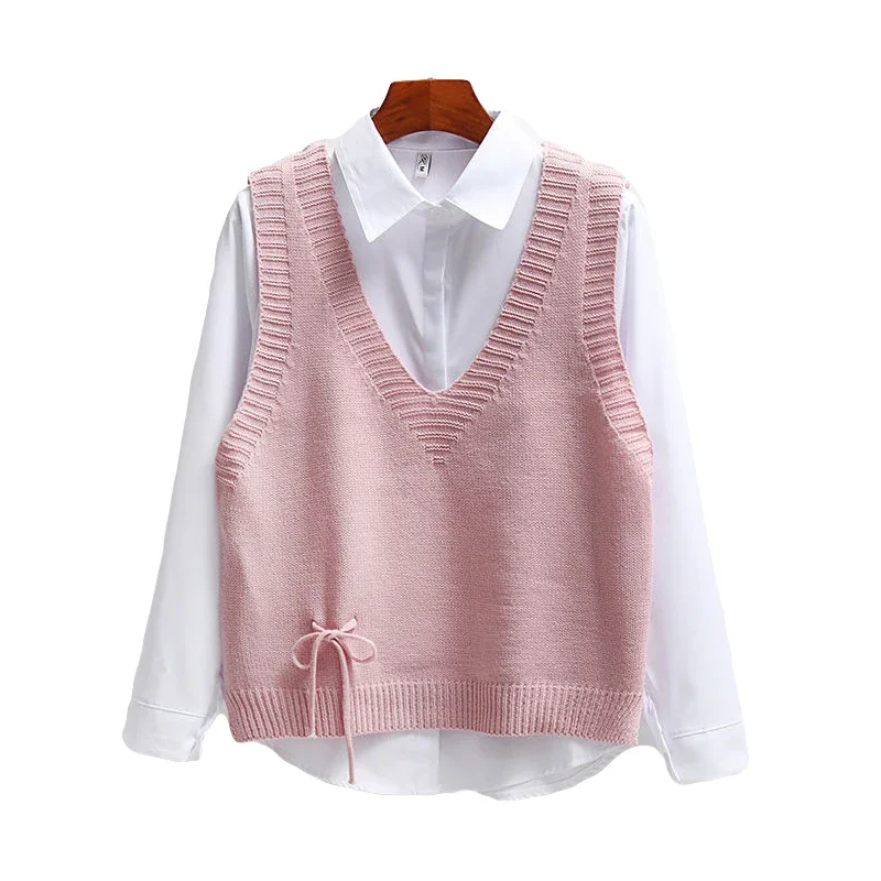 

Свитер без рукавов с v-образным вырезом, жилет для женщин, новинка 2025, вязаные пуловеры, женский японский жилет с бантом в консервативном стиле, весенне-осенний топ, верхняя одежда
