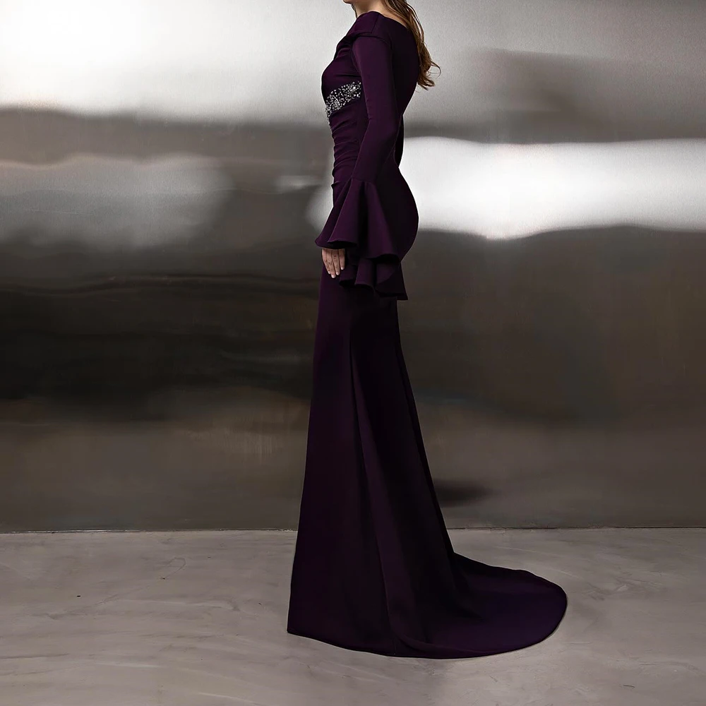 Robe de soirée de forme sirène, personnalisée, longueur au sol, col bateau, manches longues, robe de bal, plissée en cristal, Simple, drapée