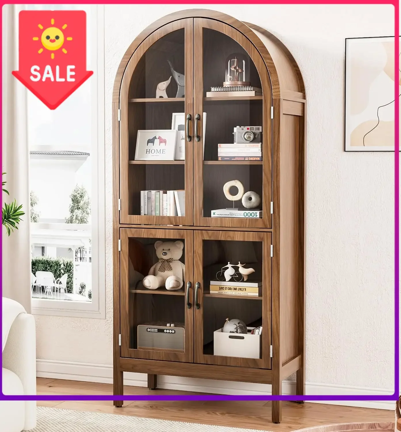 70'' Arched Display Cabinet with Acrylic Glass Doors, Walnut | 5-Tier Bookshelf, Modern Farmhouse Arched Bookcase, Wooden Kitche
