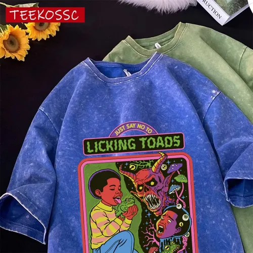 Imagen 1 del producto Camiseta lavada con estampado de Toads Licking para hombre, moda de verano, camisetas holgadas de algodón Unisex de manga corta, ropa holgada que combina con todo