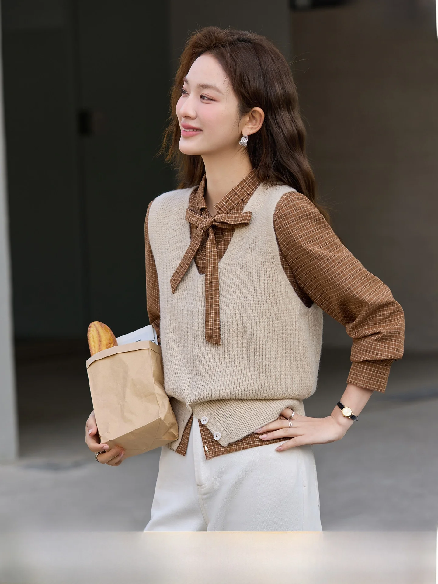 

Vimly Women's Plaid Shirt Set with Sashes Sleeveless Outerwear Spring 2026 Casual Style Thickened Long Sleeve Regular Fit