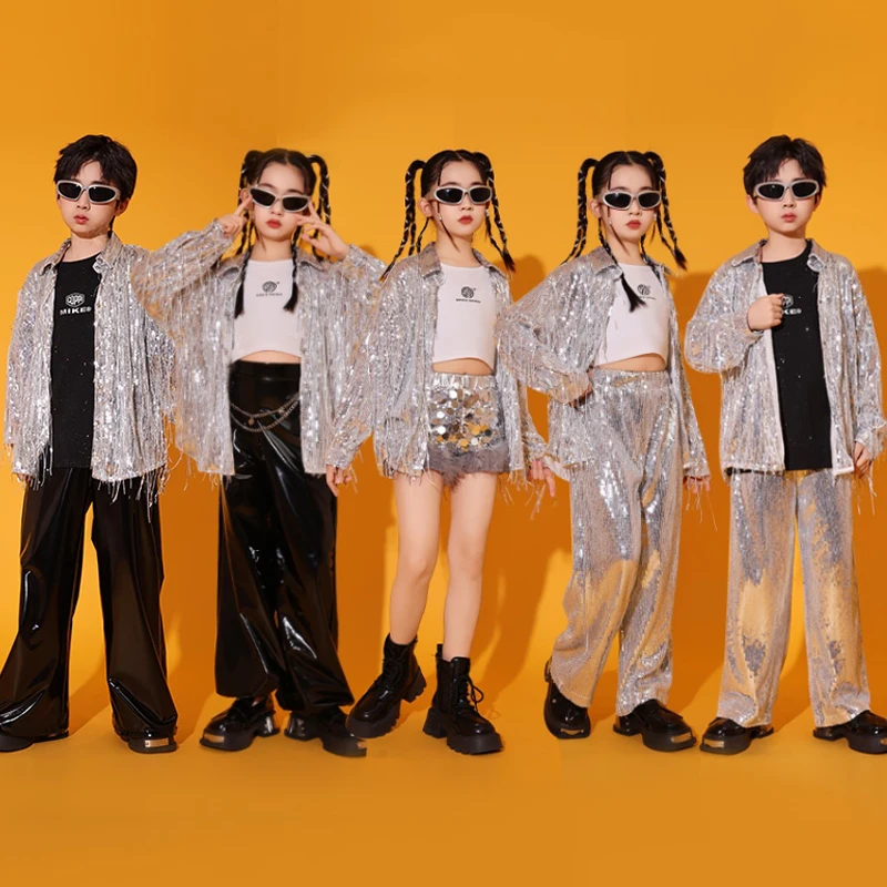 

Silver Jazz Dance Suit For Children Performance Wear Kpop Stage Costume Tassel Shirt Sequin Shorts Girl Street Dancing Show 3395