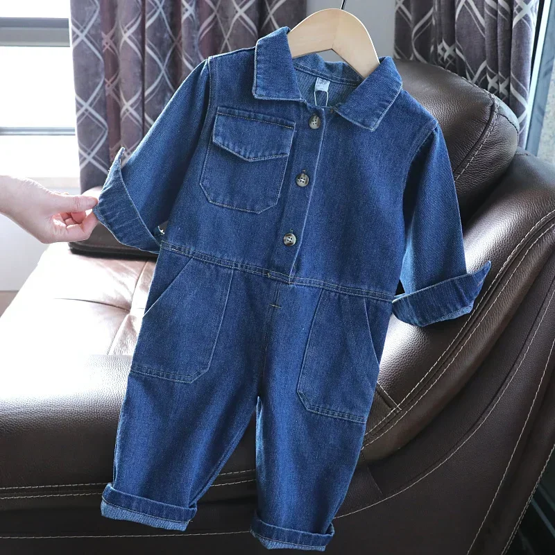 Fashion Kids Baby Denim Overalls Spring Autumn Long Sleeve Loose Jean Jumpsuits Boys Girls Loose Romper