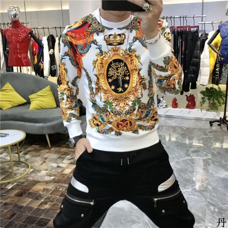 Men's Slim-Fit Long-Sleeved Sweatshirt Fleece-Lined Thickened Korean Style Fashion Brand Distinctive Print Pattern
