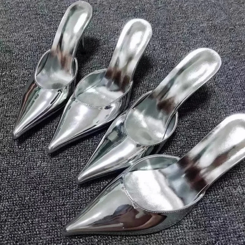 -Конец модные женские туфли на высоком каблуке с серебряным острым носком, весна-лето, новый стиль 2025 года, полутапочки на шпильке с закрытым носком 7 см -Конец модные женские туфли на высоком каблуке с серебряным острым носком, весна-лето, новый стиль 2025 года, полутапочки на шпильке с закрытым носком 7 см