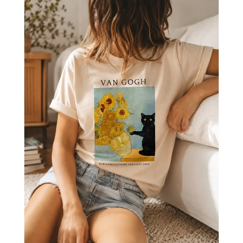 2026 Fashion New Cat Retro Oil Painting Sunflower Pattern Casual Party Women T-Shirt Geometric Print Crew Neck Short Sleeve