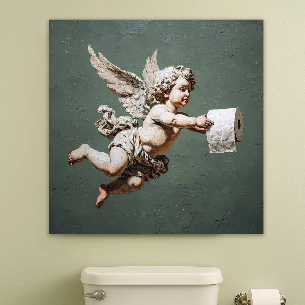Whimsical Cherub with Paper Prints Angel Canvas Wall Art Poster Fun Bathroom Decoration Classic Sculpture Print Toilet Decor