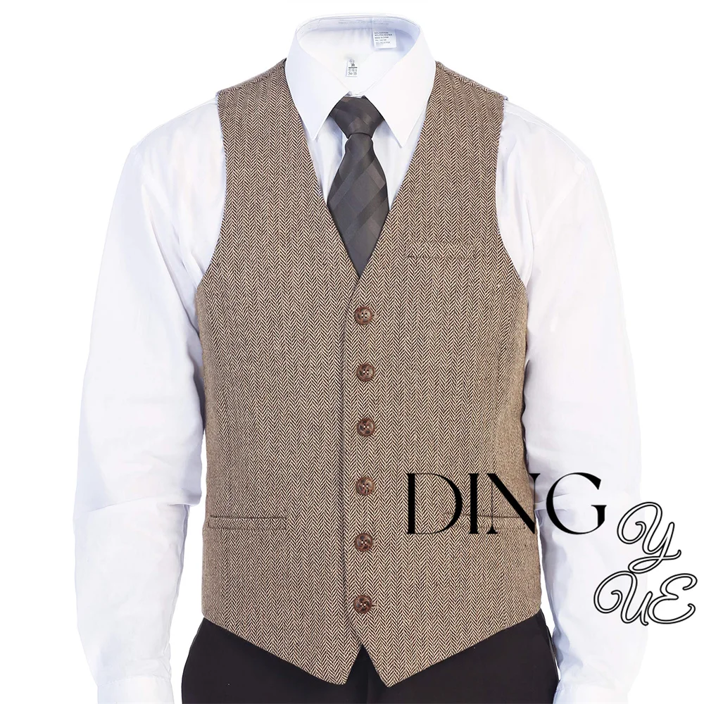 Men's 6 Button Slim Fit Formal Herringbone Tweed Vest Wool Blend V Neck Suit Vest Waistcoat