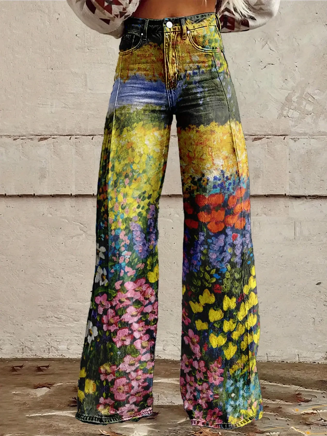 Ladies' retro bohemian style 3D geometric printed wide leg pants