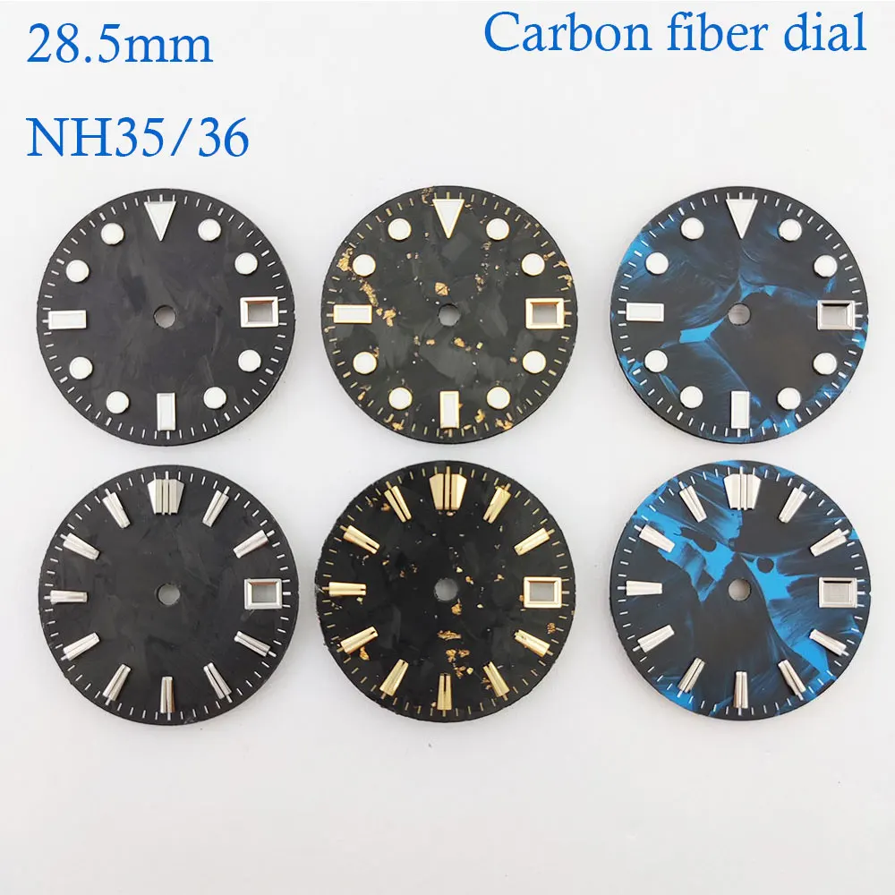 28.5 mm watch dial No-logo carbon fiber dial NH36 NH35 blue luminous dial NH35 NH36 dial customizable logo + text