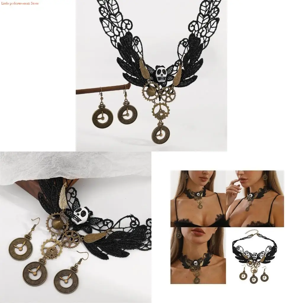 F92D Gothic Jewelry Set Lace Choker Necklace Gear Clock Earrings Halloween Pirate Costume Accessories Set for Women