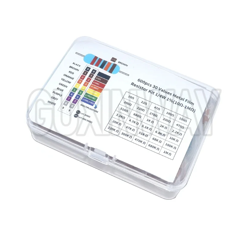 300/600 قطعة 1/4 واط طقم مقاوم من غشاء معدني 1% 30 قيم 0.25 واط مجموعة المقاومات 10Ω ~ 1MΩ طقم إلكتروني لمقاومة الحلقة الملونة #2
