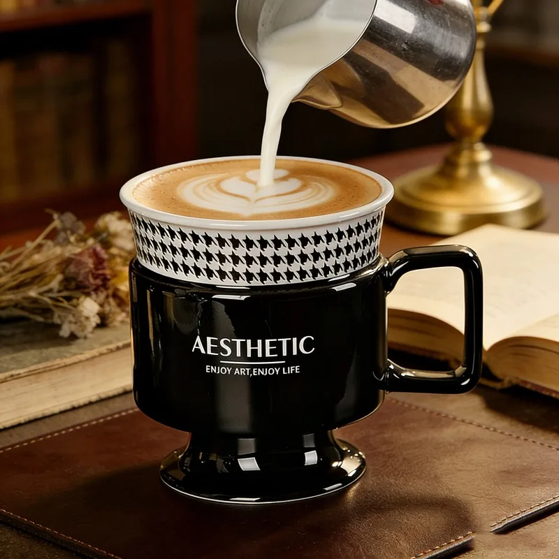 Makeup Cup,Water Cup,Office Coffee Cup,Home Light Luxury French Houndstooth HighFoot Breakfast, Milk Cup,Home Drinking Water Cup
