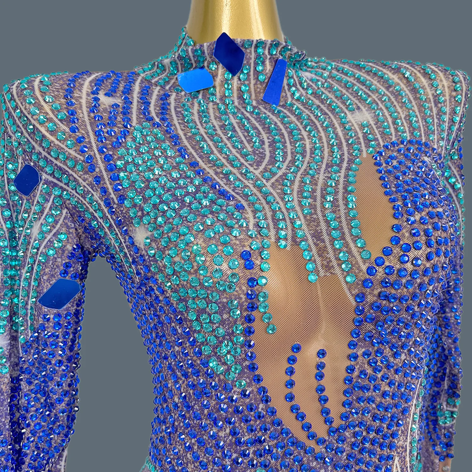 Shining Rhinestone Sexy Sheer Mesh Evening Gown Nightclub Party Women Cloting Birthday Celebrate Elegant Long Dress Xingkongding