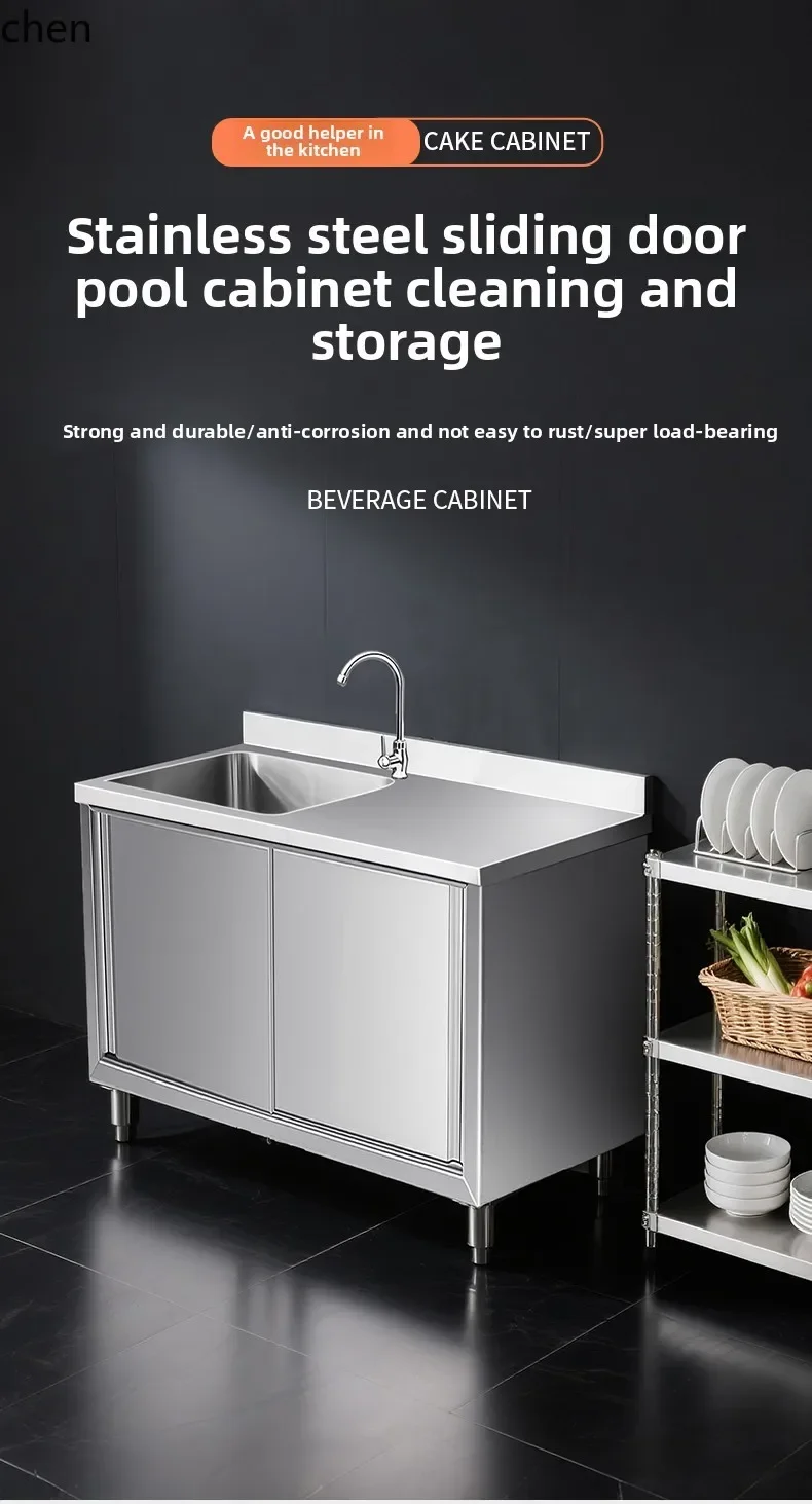 YFY Stainless Steel Sliding Door Sink Cabinet Single Sink Vegetable Washing Dishwashing Basin Workbench Bowl