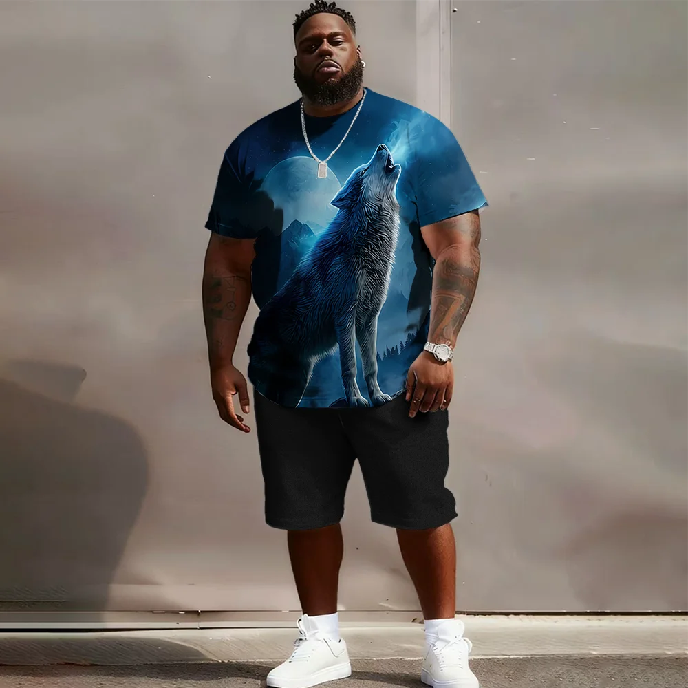 

S-9xl plus size Men's Short Sleeve Set: Wolf-Edge Vibe - 2-Piece Big & Tall Fit, Soft Fabric, Sleek Wolf Silhouettes