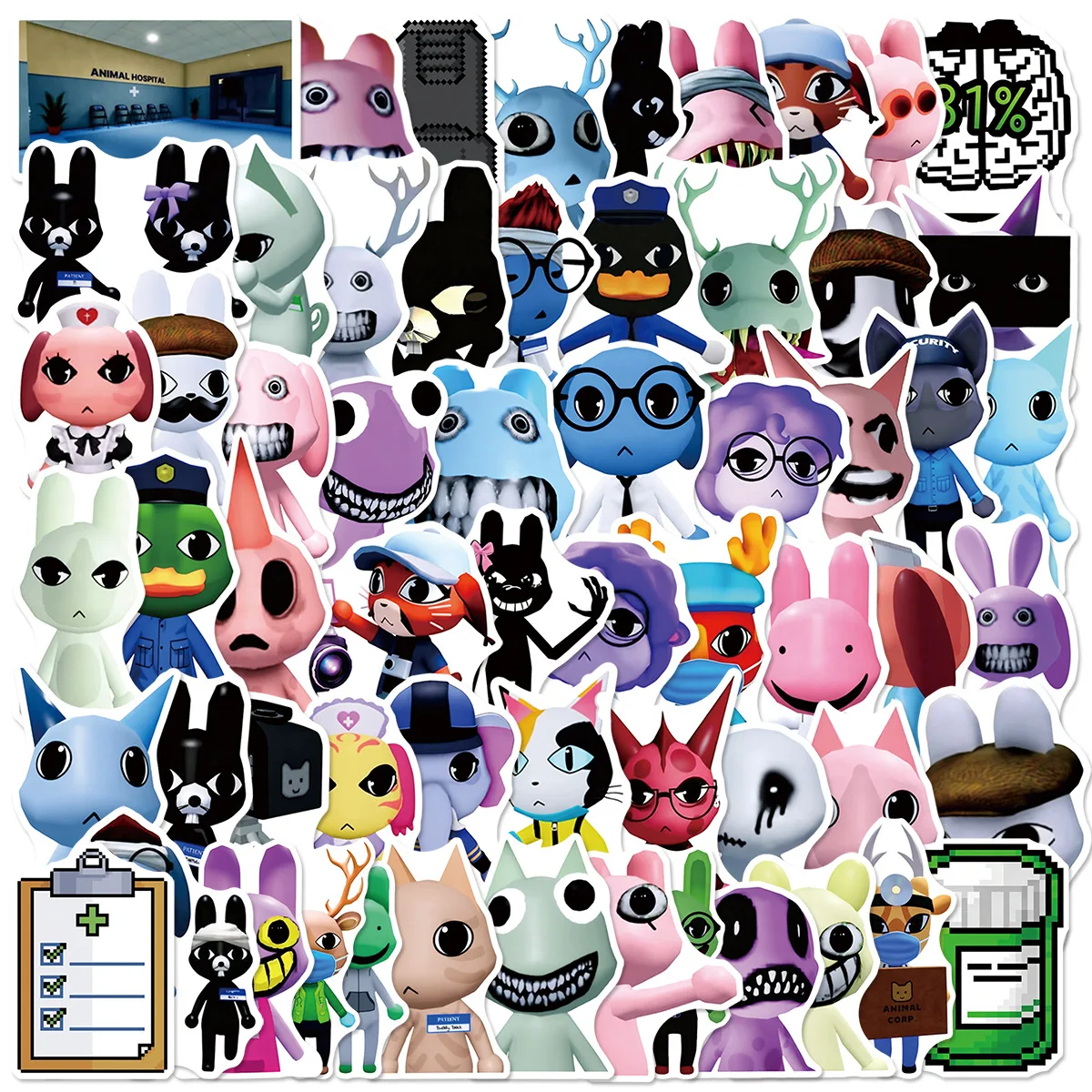 60 Pcs Horror Animal Hospital Stickers Unique Game Accessories Character Stickers Perfect for Fans And Collectors